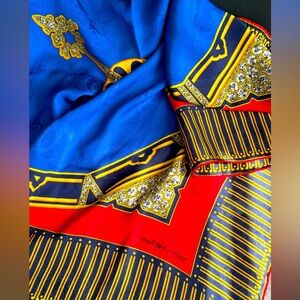 Beautiful preloved Cartier red, blue & gold silk Scarf